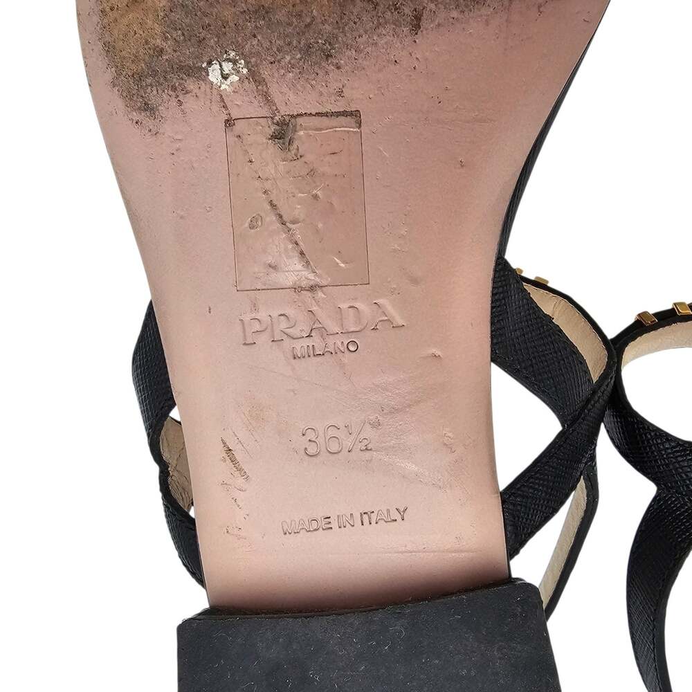 Prada Logo Black Leather Flat Ankle Strap Sandal Gold Buckle Size 36.5 6.5 - Picture 10 of 11